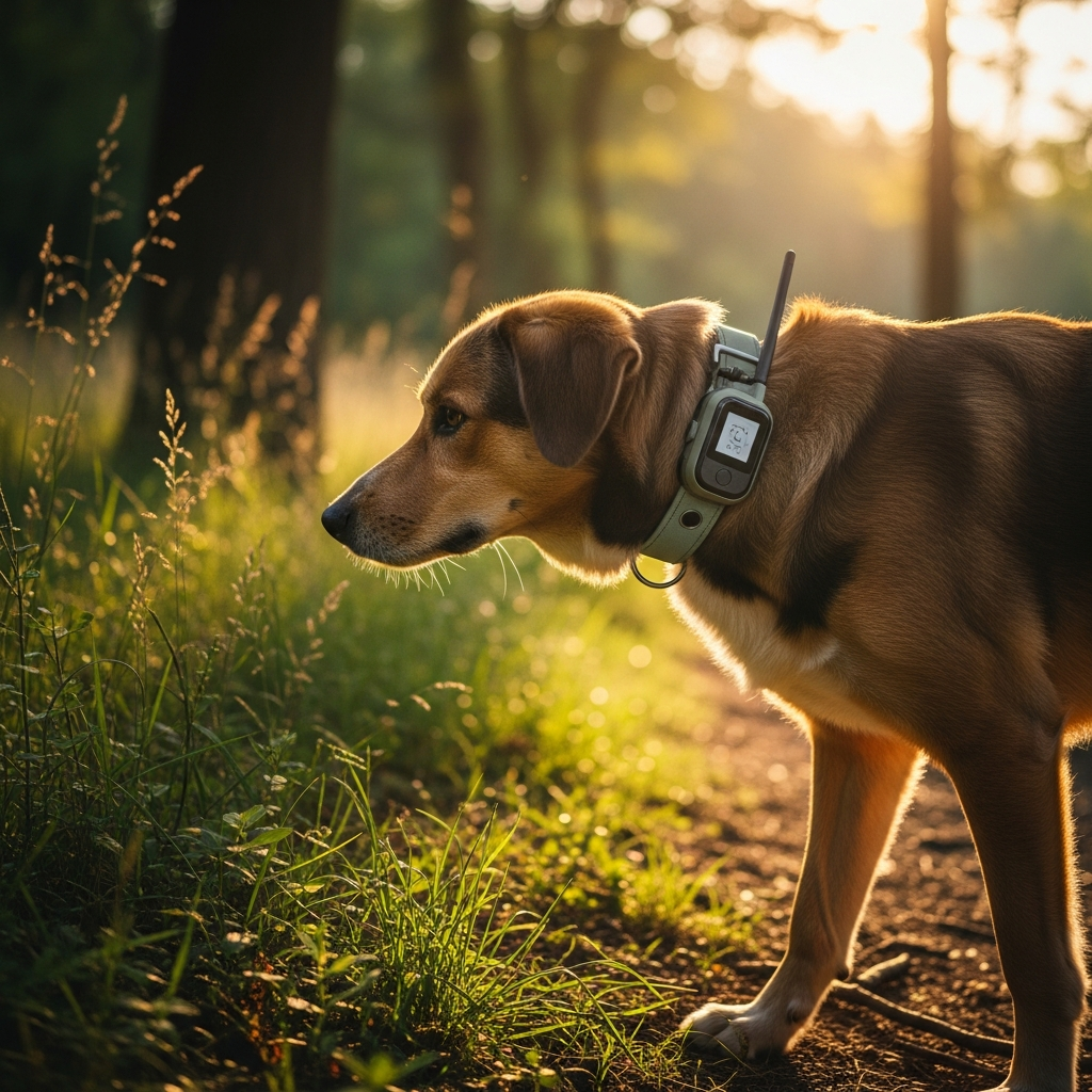 GPS tracking collar on dog with location map on phone